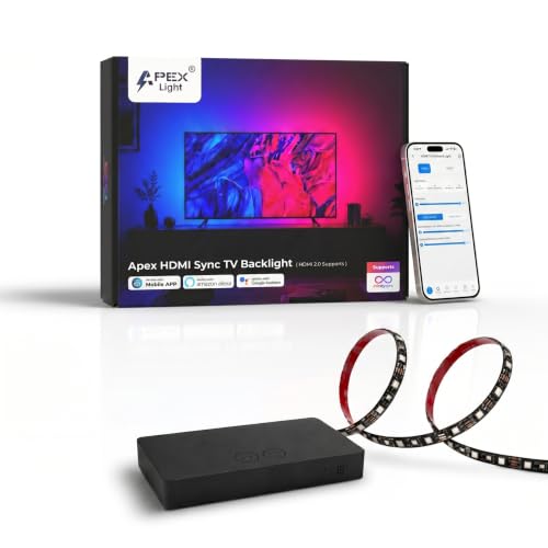 Image of Apex HDMI Sync TV Backlight for 24-75 Inch TVs,HDMI 2.0 4K@60Hz,RGBIC LED Strip,Smart RGBIC LED Strip (60 LEDs /M),Screen & Music Sync,Infinity Sync Support,App Control,2 HDMI Inputs,1-Year Warranty