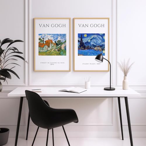 Image of SoulAbiti Street in Auvers-sur-Oise - 1890 & The Starry Night 1889 Framed Wall Art Print Set of 2 12x18 inch Light Brown Frame Plexi-Glass Famous Paintings Home Living Room Bedroom Office Decor