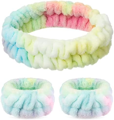 3 Pcs Spa Headband Wrist Washband Set Soft Spa Facial Makeup Headbands Elastic Wrist Sweatband Fluffy Headband Facial Headband Washing Band for Women Girls Makeup Bath (Colorful)