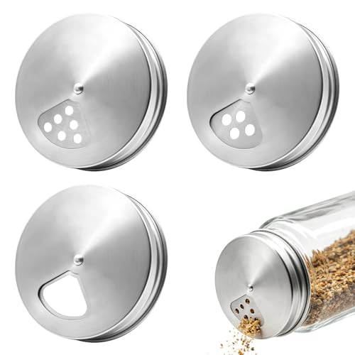 3 PCS Adjustable Mason Jar Shaker Lids Stainless Steel Spice Shaker Lids for Regular Mouth Jars Mason Jar Accessories for Spices Chili Powder Rosemary & Sugar