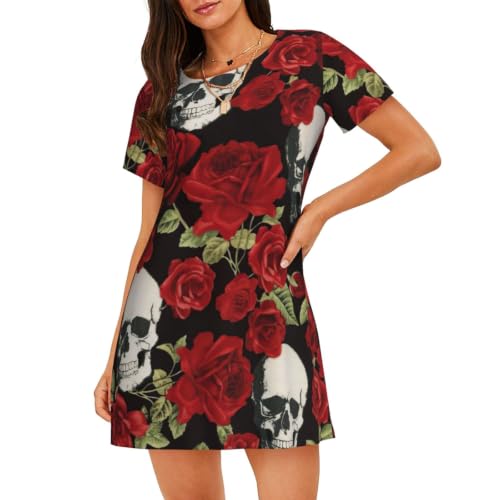 Uusnwaa Camisón de manga corta para mujer, suave, holgado, con estampado de calavera rosa, Negro, XL
