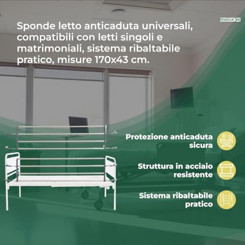 Remedia One - 2 Sponde Letto Anziani Ribaltabili Anticaduta In Acciaio, Sponda Letto Matrimoniale Per Degenza, Uso Ospedaliero E Domiciliare - 170Cm - 4