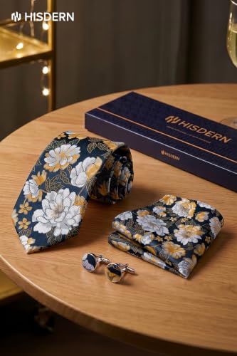 Image of HISDERN Ties for Men Paisley Tie and Pocket Square Cufflinks Set Formal Classic Floral Necktie Handkerchief Wedding Party