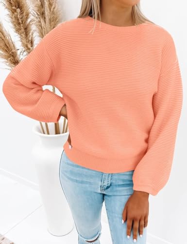 Image of ZESICA Women's Crew Neck Long Lantern Sleeve Fall 2026 Casual Loose Ribbed Knit Solid Soft Pullover Sweater Tops