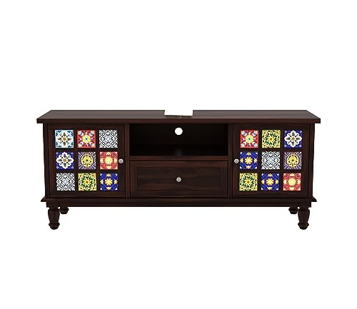 Image of Premium Solid Sheesham Wood TV Unit with 1 Drawer, 3 Shelves, and 2-Door Storage - Accommodates up to 55-Inch TV - Ideal for Elegant Living Rooms (Boho, Walnut Finish)
