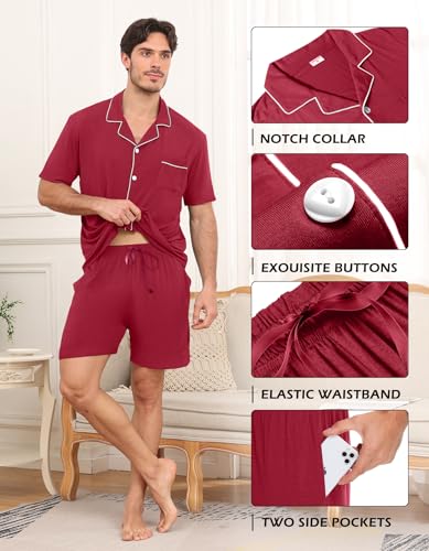Matching Pajamas for Couples Button Down Pajama Short Sleeve Soft Modal Sleepwear 2 Piece Loungewear,Wine Red-S4
