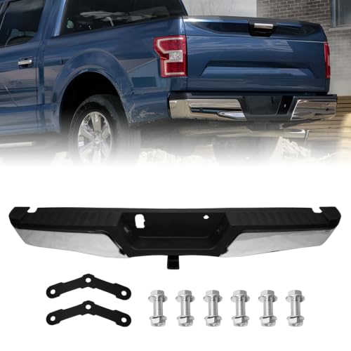 Kangyang Rear Step Bumper Assembly Compatible with Ford F150 Pickup 2015-2020 Chrome Steel Rear Bumper With Max Tow Hitch Without Parking Sensor Holes Replacement for FO1103187