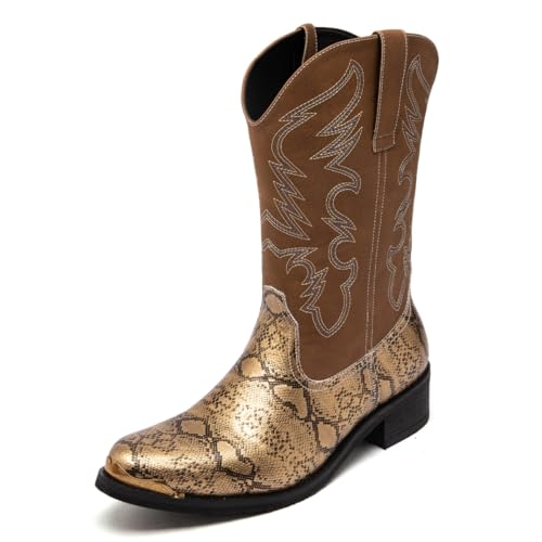 Image of Men's cowboy boots round toe boots embroidered with traditional Western country artificial snakeskin pattern