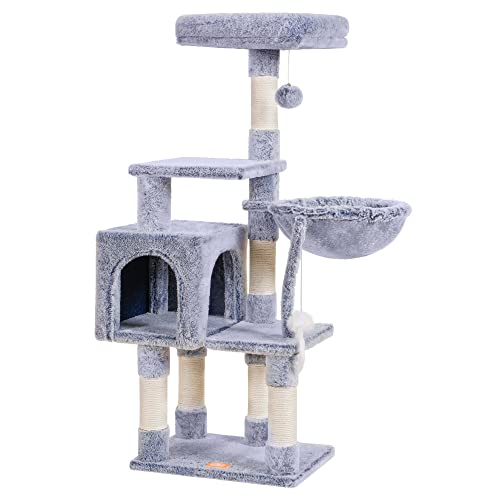Image of Heybly Cat Tree with Toy, 43.3 inch Cat Tower for Indoor Cats HCT004SPE | Cat Condo with Durable Sisal Scratching Posts, Cat House with Padded Plush Perch, Cozy Hammock, Smoky Gray