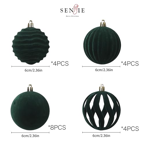Image of Senjie 20PCS Velvet Ornaments for Christmas Tree 2.36inch Flocked Christmas Balls Assortment for Xmas Tree Holiday Decor Deep Green