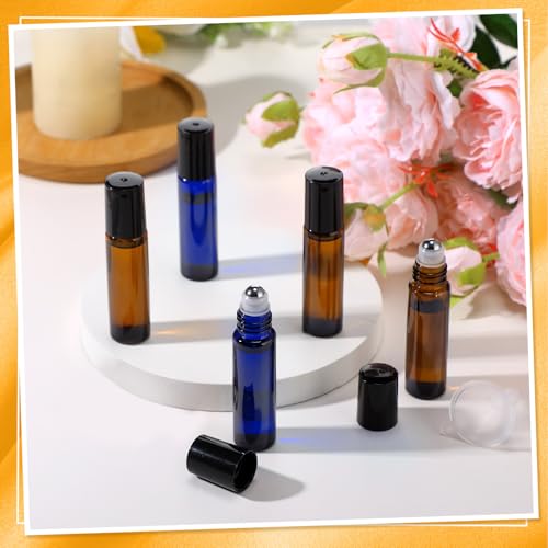 Image of Sumind 150 Pcs Glass Essential Oil Roller Bottles 10 ml, Amber, Blue