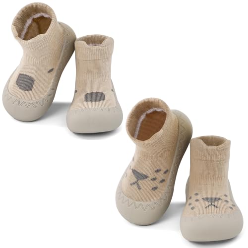 LACOFIA 2er Pack Baby Mädchen Jungen Sockenschuhe Kleinkind Lauflernschuhe Baby Hausschuhe Krabbelsocken mit rutschfest Gummisohle Khaki+Kaffee 18-24 Monate