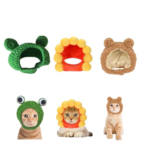 ParcaCrivra Cat Hats for Cats Only 3 Pack - Frog Brown Bear Sunflower Pet Headwear, Adjustable Velcro Strap, Cute Costume Accessory for Cats