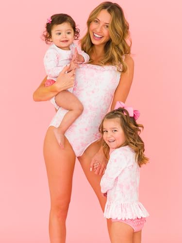 Image of RuffleButts Baby /Toddler Girls Scalloped Long Sleeve Rash Guard 2-Piece UPF50+ Sun Protected Swimsuit