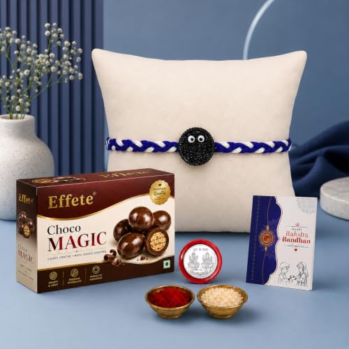 Image of DeoDap Rakhi with Chocolate for Brother - Oreo Biscuit Kids Style Rakhi with Choco Magic Chocolate 32 Gm, Tilak Set, Silver Color Pooja Coin, Greeting Card - Traditional Raksha Bandhan Combo Set