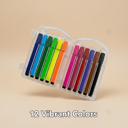 Image of JOUET Washable Water Color Pen Set, 12 Vibrant Colors, Non-Toxic and Odorless, Kid Friendly Art Markers with Fiber Nib, Portable Case