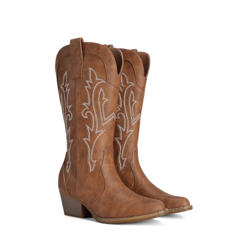 Image of DREAM PAIRS Women's Cowboy Cowgirl Boots Embroidered Pointed Toe Low Heel Western Mid Calf Boot for Theme Party Country Concert