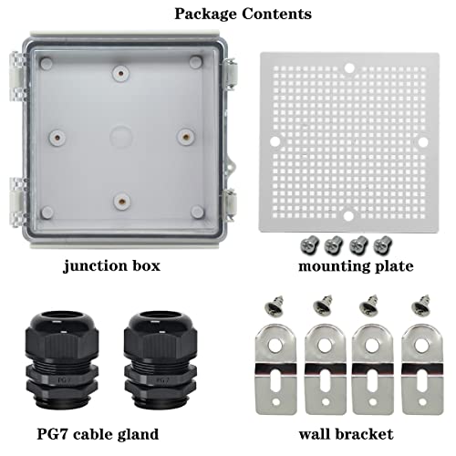 Image of Zulkit Junction Box IP67 Waterproof Electrical Box Hinged Clear Cover Stainless Steel Latch Plastic Enclosure for Project w Mounting Plate Wall Bracket and 2 Cable Gland 5.9 inchx5.9 inchx3.5 inch /150x150x90mm