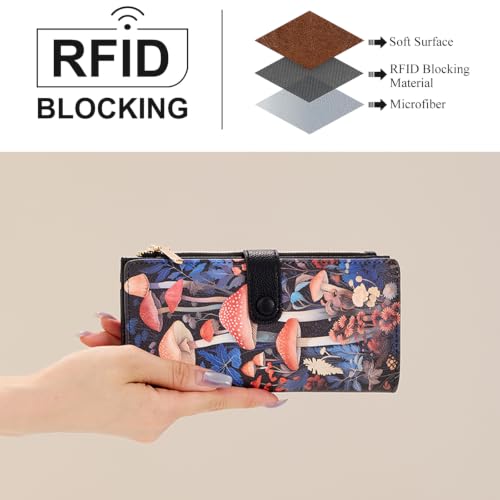 Image of Book Mushroom Womens Wallet RFID Blocking, Bifold Compact Clutch Wallet