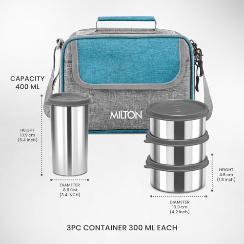 Image of MILTON Daily Meal Lunch Box with Unisex Bag, 3 Stainless Steel Containers 300 ml Each & Tumbler 400 ml, Leak-Proof Tiffin for Office, College, Picnic, Teal Green