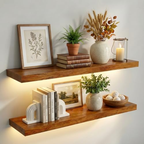 Image of IAE Led Floating Wall Shelves 24 inch,Bathroom Shelf Wall Mounted,Invisible Shelf Floating Kitchen Shelves,Wooden wall Shelving with Brackets for Living Room wall Mounted,Easy Install,Set of 2,Teak