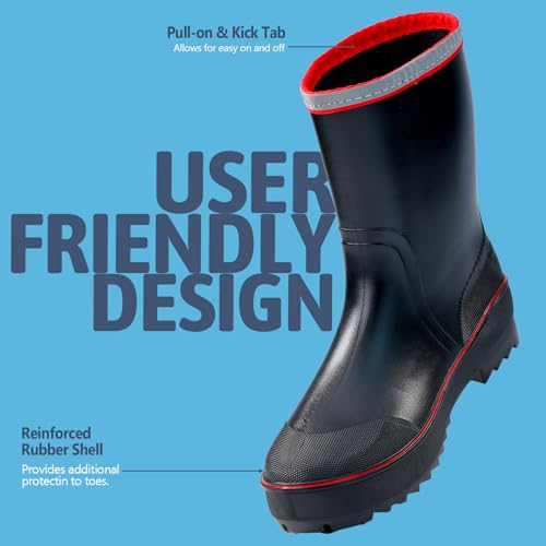 Image of mens rain boots waterproof work boots for men mid-calf deck bootie comfortable garden shoes lightweight chelsea bootie for Gardening Fishing Boating Camping Sailing red&black
