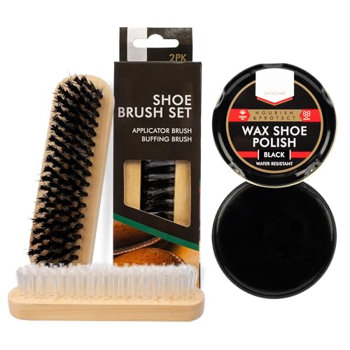 2 Shoe Brush Set & Black Polish - Traditional Wooden Handle Brushes For Cleaning, Polishing Leather Shoes & Boots, Buffing, Soft & Stiff Bristles (Shoe Brushes & Polish)