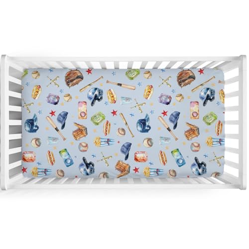 Image of Watercolor Baseball Baby Crib Sheets 52''x28'' Patriotic American Sports Stretchy Fitted Mattress Cover for Boy Girl Outdoor Sports Lovers Soft Baby Sheets for Standard Crib and Toddler Mattress