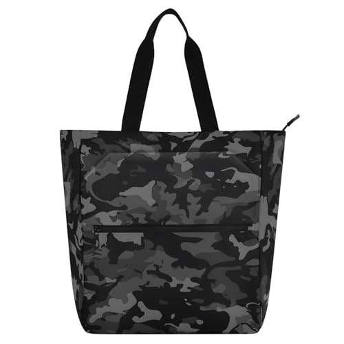 Black Camouflage Tote Bag for Book Lovers Reusable Bags with Zipper Pocket for School Work Shopping