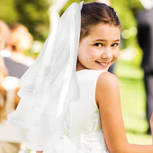 Flower Girl First Communion Veils Headband Pearl Bowknot Dual- layer Wedding Veil Wedding Baptism Communion Headpiece with Comb Hair Accessories3