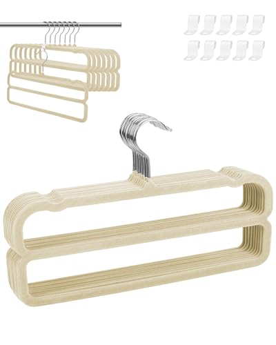 Image of 10 Pack Velvet Pants Hangers Space Saving, Non Slip 2-Layer Hanger (Beige) | Heavy Duty Flocked Trouser Hangers,pants organizer for closet with Swivel Hook, Felt Jean Hangers for Women and Men