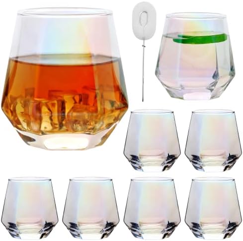 Diamond Wine Glasses Set of 8,Iridescent Stemless Red Wine Glass Cup,Geometric 10 OZ Christmas Wine Glassware White Wine Party Glass Tumblers for Bourbon,Whiskey,Wedding.