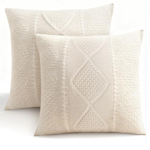 RICHIE Christmas Pillow Covers, Soft Decorative Knitted Throw Pillow Covers, Square Warm Cushion Cover 18x18 Inch Set of 2 Xmas Decorations for Sofa Bedroom Home Accent Decor, White Diamond Grid