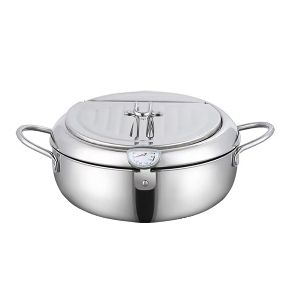 CTRLZS 304 Stainless Steel Kitchen Tempura Fryer Pan Japanese Deep Frying Pot with A Thermometer and A Lid
