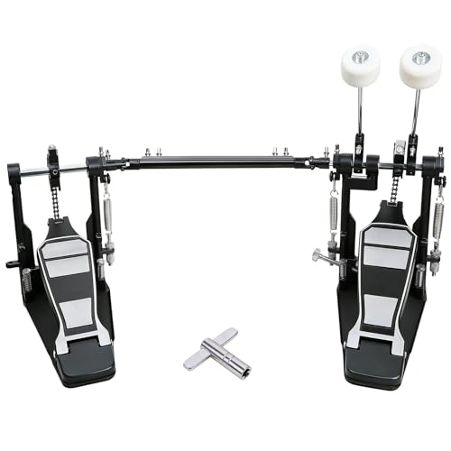 Double Bass Drum Pedal Double Chain Drive Kick Pedal with Adjustable Felt Beater Non-Slip Wide Base Adjustable Spring Tension & Drum Key Silver Double Pedal for Acoustic & Electronic Drum Sets