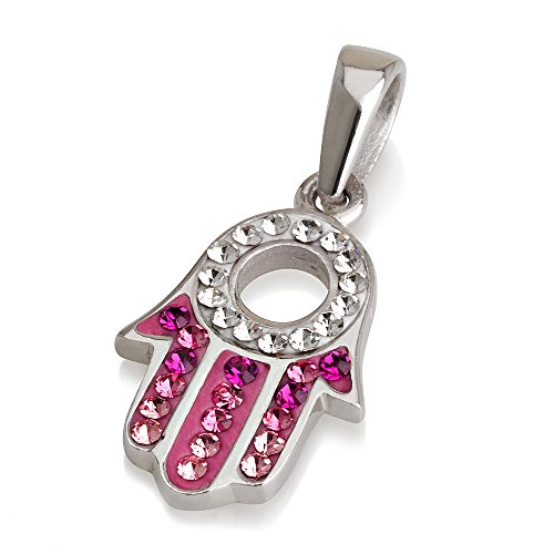 Collier Argent 925 Pendentif Hamsa rose avec chaîne fine et pierres serties