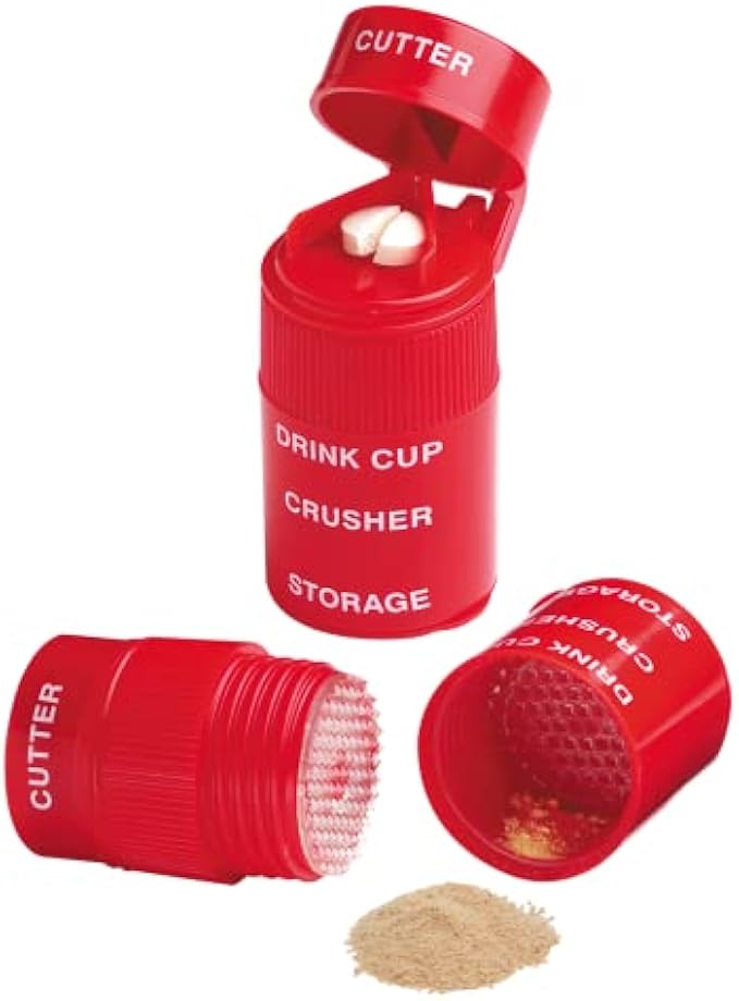 Ezy Dose Pill Crusher, Cutter and Grinder, Crushes Pills, Vitamins, Tablets, Stainless Steel Blade, Removable Drinking Cup, Red