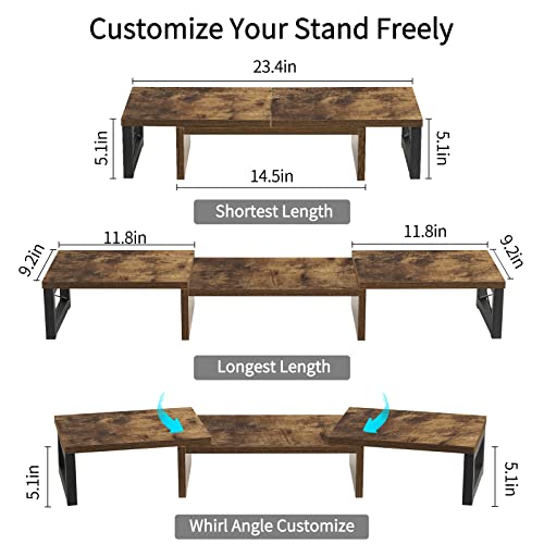 Giikin Dual Monitor Stand Riser- Office Desktop Organizer Stands For 2 Monitors Length And Angle Adjustable 3 Shelf, Multifunctional Stand Fit Computer, Laptop, Pc, Tv (Retro Brown) #TOP4