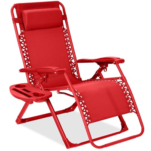 Best Choice Products Adjustable Zero Gravity Chair, Monochromatic Color Folding Patio Recliner w/Side Tray, Headrest - Chili