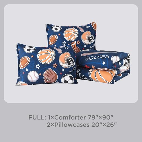 Image of Andency Soccer Basketball Baseball Football Comforter Set Full(79 inchx90 inch), Sport Polyester Bedding Set for Boys Girls Kids Teens, Cartoon Ball Games Comforter 3 Pieces(1 Comforter, 2 Pillowcases)