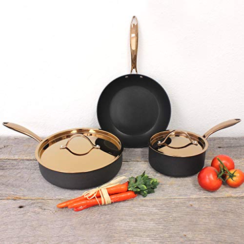 BergHOFF Ouro Black Hard Anodized 5Pc Starter Set, Rose Gold Hndle & Lid