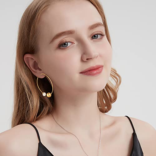 Pearl Gold Hoop Earrings For Women Girls, 14K Gold Plated Lightweight Open Hoop Dangle Drop Earrings Trendy Dainty Pearl Hypoallergenic Earrings Jewelry #TOP4