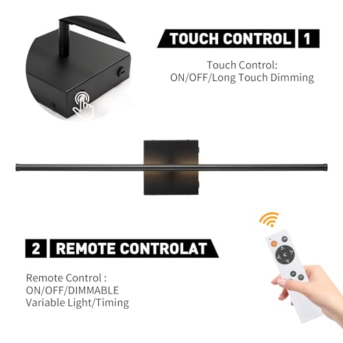 Image of Battery Operated Wall Sconces Set of Two Wireless with Remote Control,350Rotate,3000K-6000K Black Modern LED Rechargeable Indoor Wall Lights for Living Room,Bedroom,Stairs,27.5 Inch (2 Pack)