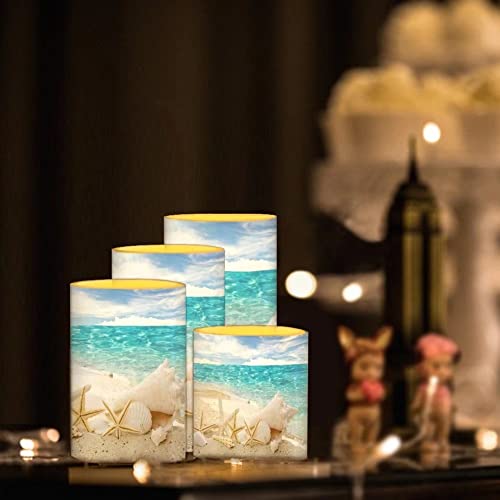 Image of Beach Starfish Seashell Flameless Light Candles Battery Powered with Timer Remote Color Chaging Pillar Candle with Warm Yellow Color Changing Light Pack of 4