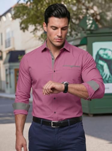 Image of Men's Cotton Blend Shirt with Solid Long Sleeves Spread Coller Neck Regular Fit Single Chest Pocket and Standard Length | Cotton Casual Shirt for Man