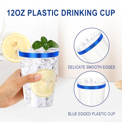 Image of 120 Pcs Blue Plastic Cups,12oz Blue Rimmed Plastic Cups,Heavy Duty Disposable Plastiic Wine Glasses Cocktail Glasses Premium Cup with Blue Rim for Party,Wedding,Christmas