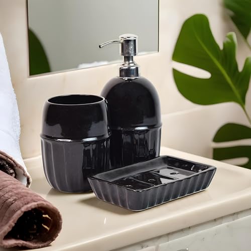 Image of Ceramic Bathroom Accessories Set for Utility and Bathroom Decor | Liquid Soap Dispenser, soap Tray, Toothbrush Holder (Exclusive Bathroom Set) (Black)