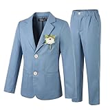 LOLANTA 2PCS Traje de Lino Boda Niño, Conjunto de Blazer y Pantalón Lino para PAJE Niños, Ropa de Bautizo Ceremonia Fiesta, Azul Neblina, 10-11 años, 150