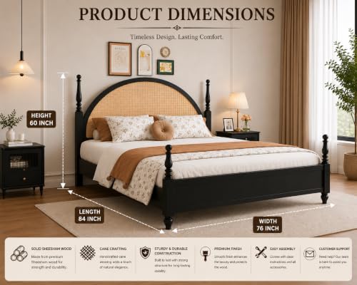 Image of Solid Sheesham Wood Poster King Size Poster Honeymoon Bed Without Storage with Designer Piller and Cane Crafting