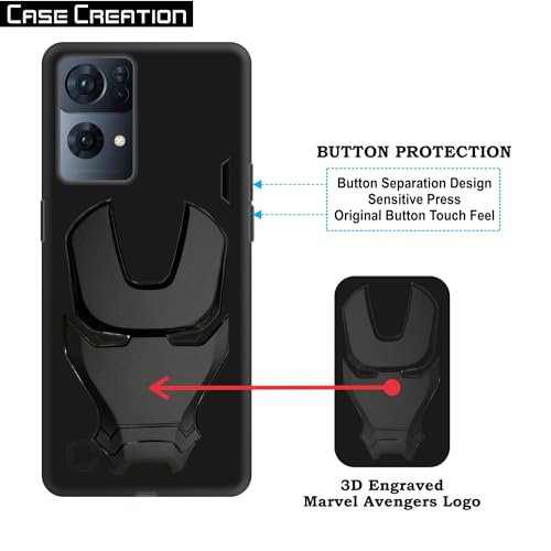 Image of COVERLY Official 3D Smooth Feel Avengers Logo Mask Soft Rugged Grip Silicone Iron Man Engraved Cartoon Movie Engraved Silicone Rubber Matte Back Cover for Oppo Reno 7 Pro (6.3 inch) - Black